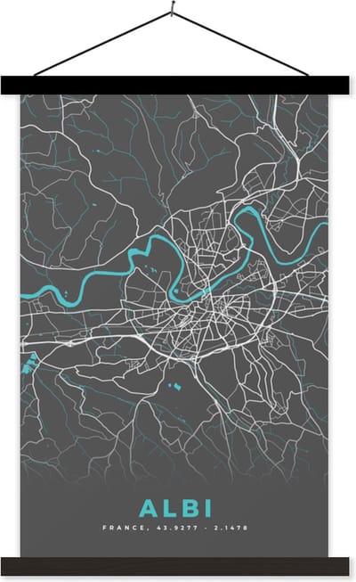 Posterhanger incl. Poster 40x60 cm - Schoolplaat - Albi - Frankrijk - Kaart - Plattegrond - Stadskaart - Textielposter - Zwarte latten - Stadskaart