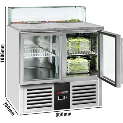 GGM Gastro Saladette PREMIUM - 900mm - 2 Glastüren - mit Glasaufsatz für 5x GN 1/6 Zilver