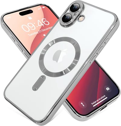Telefoonhoesje Geschikt voor iPhone 16 – Siliconen Hoes met Chroom – Compatibel met MagSafe – Geïntegreerde Camerabescherming – Zilver – FuturiQ