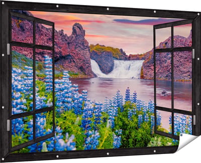 Gards Tuinposter Doorkijk Waterval met Blauwe Lupine Bloemen - 180x120 cm - Tuindoek - Tuindecoratie - Wanddecoratie buiten - Tuinschilderij