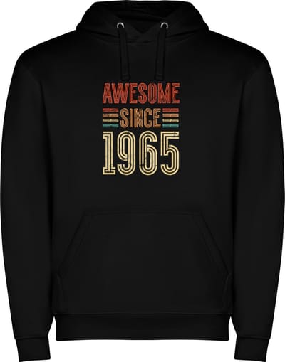 Zwarte unisex hoodie met “ Kleurrijke Awesome Since 1965 – Feest – Verjaardag “ Print Full Color Color merk Roly maat S
