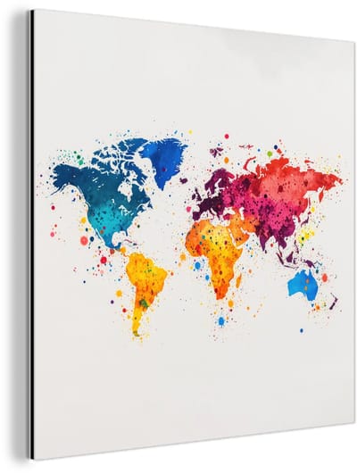 Aluminium schilderij 90x90 cm - Wanddecoratie metaal - Wereldkaart - Graffiti - Kleurrijk - Metalen muurdecoratie woonkamer - Decoratie industrieel - Foto op dibond - Industriële accessoires slaapkamer