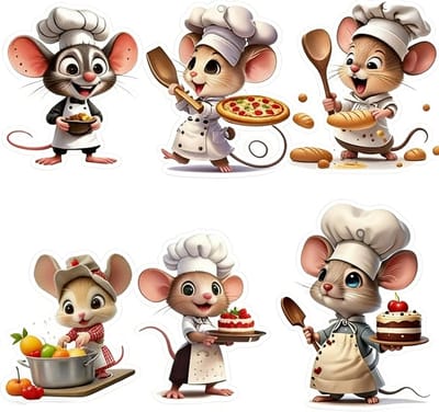 Schattige muis wandstickers voor de keuken, 6 stuks, zelfklevende wanddecoratie voor eetkamer en woonkamer