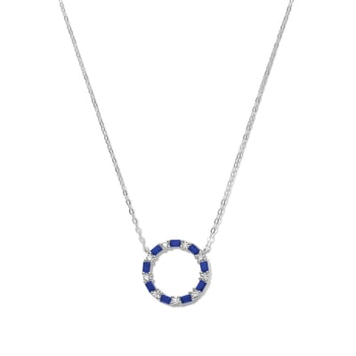 New Bling 9NB-1065 Zilveren Ketting met Zirkonia Hangertje Cirkel - 18mm Doorsnee - Blauw Wit - 40+5cm - Rhodium - Zilver