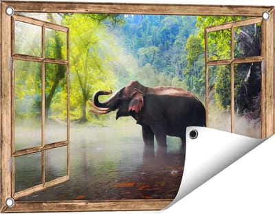 Gards Tuinposter Doorkijk Olifant in het Water - 60x40 cm - Tuindoek - Tuindecoratie - Wanddecoratie buiten - Tuinschilderij