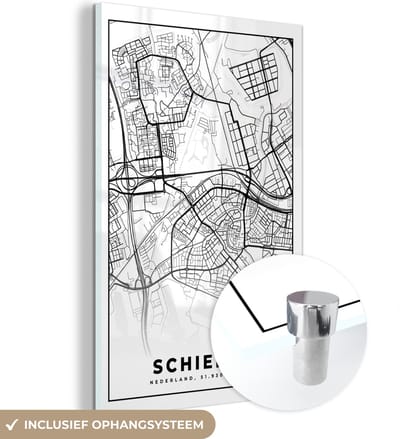 MuchoWow® Glasschilderij 40x60 cm - Schilderij acrylglas - Kaart - Schiedam - Zwart - Wit - Foto op glas - Schilderijen