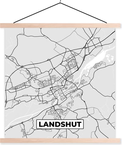 Posterhanger incl. Poster 40x40 cm - Schoolplaat - Plattegrond - Duitsland - Landshut - Kaart - Stadskaart - Textielposter - Blanke latten - Stadskaart
