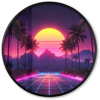Poster in lijst Rond - Fotolijst 60x60 cm - Posters - Horizon - Palmbomen - Bergen - Geel - Ronde posterlijst zwart - Decoratie - Wanddecoratie woonkamer - Muurdecoratie slaapkamer