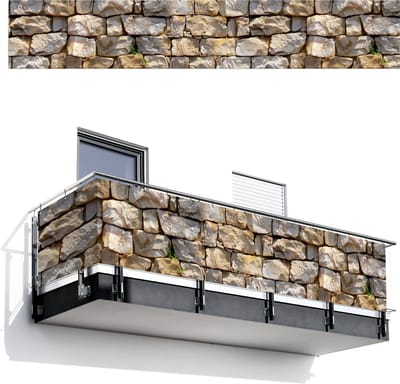 Balkonscherm 500x85 cm - Balkonposter Stenen - Beige - Grijs - Planten - Balkon scherm decoratie - Balkonschermen - Balkondoek zonnescherm