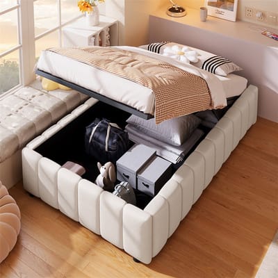 YEHTOKHOME Gestoffeerd bed 90x200 cm - Eenpersoonsbed met hydraulische opbergruimte - Lattenbodem - zonder hoofdeinde - zonder matras - beige linnen