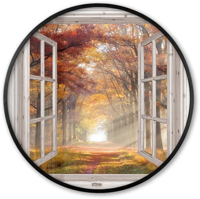 Poster in lijst Rond - Fotolijst 60x60 cm - Posters - Herfst - Bos - Bomen - Natuur - Doorkijk - Ronde posterlijst zwart - Decoratie - Wanddecoratie woonkamer - Muurdecoratie slaapkamer