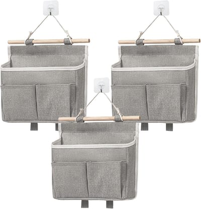 SnelShoppen - Hangende Organizers 3 Stuks - Hoge Capaciteit Katoenen Canvas Opbergers met Houten Stok en Plakstrips voor Kinderkamer, Badkamer, Kantoo