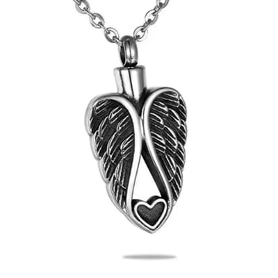 Aramat Jewels | Gedenkhangers | Stalen Ashanger met Vleugels – 15 Modellen Engel & Hart Gedenksieraad | Twee-vleugels-hartje-3.5x2cm | |20mm | Staal | Volwassenen | Verkleurd niet