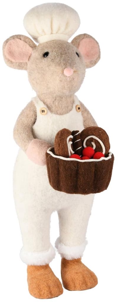 Dekoratief | Bakkersmuis staand m/gebakjes, bruin/wit/roze, stof, 18x25x57cm | A255339
