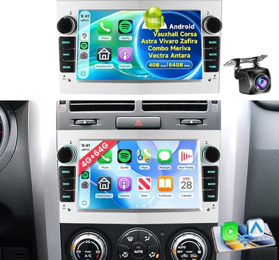 ESSGOO CarPlay Autoradio Geschikt Voor Opel Vauxhall Astra Zafira Corsa Meriva Vectra - Zilver - Android 15 - 4+64GB - Draadloos Apple Carplay & Android Auto - 7-inch Touchscreen - GPS, Wifi, Bluetooth - Achteruitrijcamera