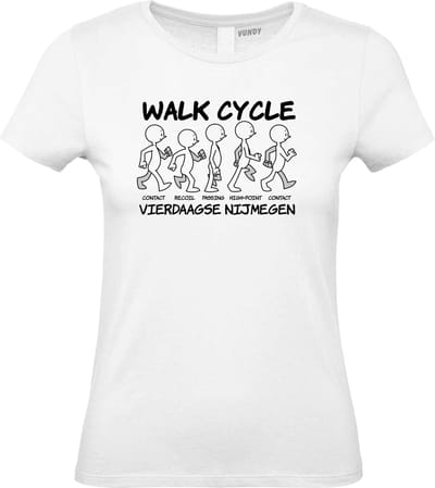 Dames t-shirt Walk Cycle | Vierdaagse shirt | Wandelvierdaagse Nijmegen | Roze woensdag | Wit | maat XS