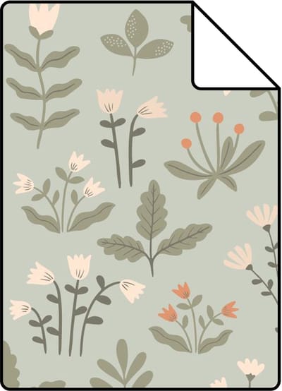 Proefstaal ESTAhome behang veldbloemen licht vergrijsd groen en beige - 26.5 x 21 cm - 131097-S