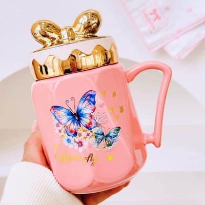 Vlinder Keramische Mok met Deksel Kantoor Cadeau Waterbeker Meisjes Souvenir Cadeau 350ML