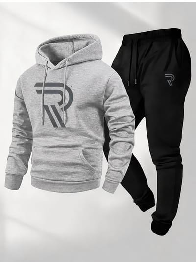 Trainingspak heren – hoodie heren – sportkleding heren – katoen – tracksuit heren met modern R-design – Melangegrijs – S