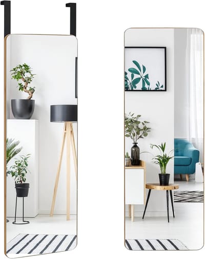 COSTWAY Wandspiegel, deurspiegel, rechthoekige spiegel aan de muur met bamboe frame en ronde hoeken, moderne hangende spiegel met 2 haken voor hal, woonkamer, slaapkamer, 100 x 35 cm