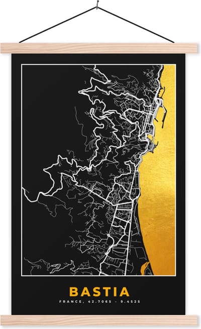 Posterhanger incl. Poster 40x60 cm - Schoolplaat - Bastia - Plattegrond - Frankrijk - Kaart - Stadskaart - Textielposter - Blanke latten - Stadskaart