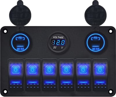 ProRide Schakelpaneel 12V voor Auto/Boot - USB Lader 4 poorten met Voltmeter - QC3.0 - 6 Schakelaars