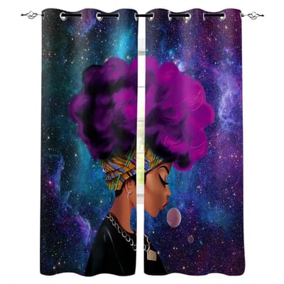 Mooie Zwarte Afrikaanse Meisje Sterrenhemel Gordijnpaneel Keuken Decoratie Artikelen Raamgordijnen voor Woonkamer Gordijnen Kinder Slaapkamer 135W x 60H(cm)