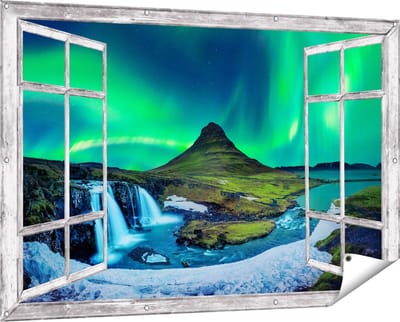 Gards Tuinposter Doorkijk Noorderlicht bij de Watervallen in IJsland - 150x100 cm - Tuindoek - Tuindecoratie - Wanddecoratie buiten - Tuinschilderij