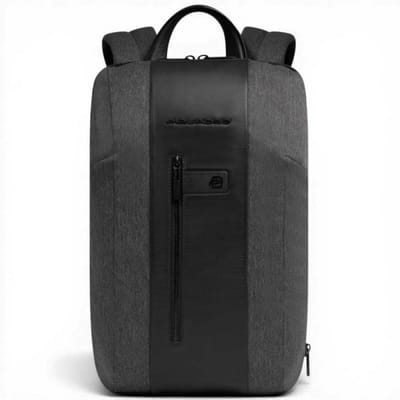 Piquadro Korte Rugzak 2 Man Grey en zwarte stof en lederen sottile met laptop 15,6' en iPad