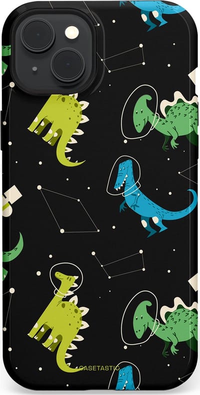 Casetastic hoesje geschikt voor Apple iPhone 15 Plus - MagSafe - Dubbellaagse bescherming - Dino in de sterren - Fashion Case - Zwart Groen