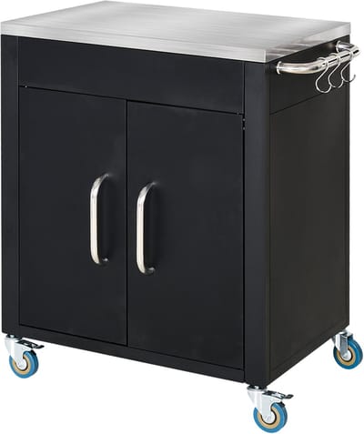 Buitenkeuken op Wielen – BBQ Trolley – Met Opbergkast & Planken – Werktafel voor Buiten – Staal & Metaal – Multifunctioneel – Zwart