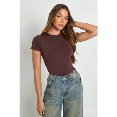 boohoo Dames Naadloze ronde hals bodysuit met korte mouwen | Chocoladebruin | Maat: Large