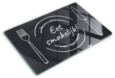 Wallfluent Glazen Snijplanken - Eet smakelijk! Snijplanken Glas - 80 cm x 52 cm - Zwart Snijplanken van Glas - Hittebestendige Glazen Snijplank - Design Glazen Snijplank Keuken - Antislip Glazen Serveerplank