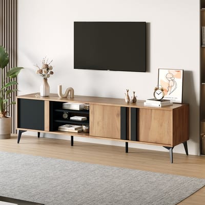 STILVORA Tv-Meubel - Rustiek Tv-Kast Met 3 Deuren En 4 Open Vakken - Kabeldoorvoer En Verstelbare Middelpoot - Spaanplaat - 180x40x50 cm - Zwart+Bruin