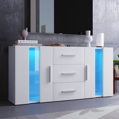 Sweiko TV kast, 140*35*70cm, Zijpaneel lade, Zijpaneel verticale kast, Opbergkast eenheid, met 16-kleur LED verlichting, eetkamer, woonkamer, Wit