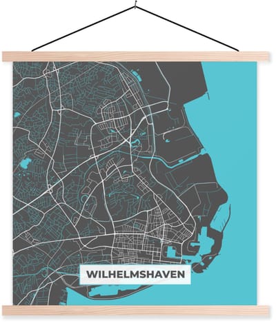 Posterhanger incl. Poster 40x40 cm - Schoolplaat - Blauw – Duitsland – Plattegrond – Stadskaart – Kaart – Wilhelmshaven - Textielposter - Blanke latten - Stadskaart