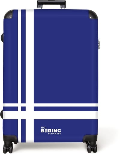 NoBoringSuitcases.com® - Koffer groot - Reiskoffer lichtgewicht - Koningsblauwe achtergrond met wit raster linksonder - Rolkoffer met 4 wielen - Grote trolley XL - 98 liter bagage