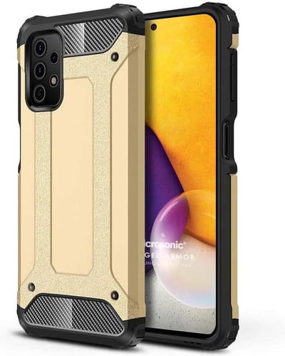 Schokbestendig Heavy Duty Hoesje Geschikt voor: Samsung Galaxy A73 5G Shock Proof Hybride - Back Cover - Dual Layer Armor Case - Extra Stevig - Goud