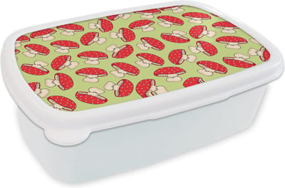 Broodtrommel Wit - Lunchbox - Brooddoos - Paddenstoel - Rood - Patronen - 18x12x6 cm - Volwassenen