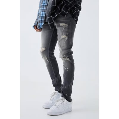 Skinny Stretch Gebleekte Gescheurde Knie Jeans | Grey | Size 28R