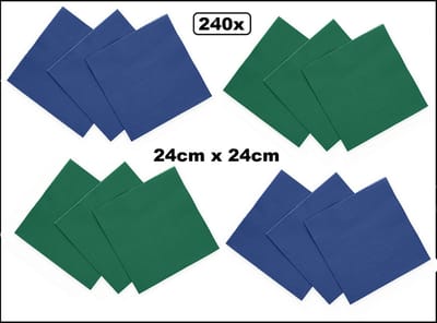 240x Servetten blauw en groen 24cm x 24cm - 3 laags - Cocktail servet diner eten knoeien restaurant BBQ thema feest verjaardag feest WK
