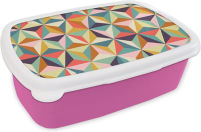 Broodtrommel Roze - Lunchbox - Brooddoos - Retro - Regenboog - 3D - Geometrie - Driehoek - 18x12x6 cm - Kinderen - Meisje