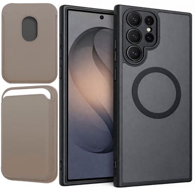 Hoesje + Pasjeshouder geschikt voor Samsung Galaxy S26 Ultra - Portemonnee geschikt voor MagSafe - Magnetisch - Pasjes Houder - Creditcardhouder - Taupe