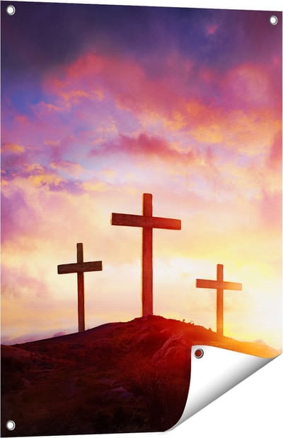 Gards Tuinposter Kruisiging van Jezus Christus - Drie Kruisen - 60x80 cm - Tuindoek - Tuindecoratie - Wanddecoratie buiten - Tuinschilderij