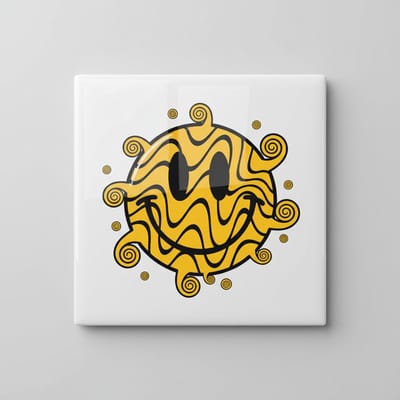 Abstracte Smiley Keramische Tegel – Artistieke Gele Krul Emoji Wanddecoratie – Decoratieve Tegel 15 × 15 cm