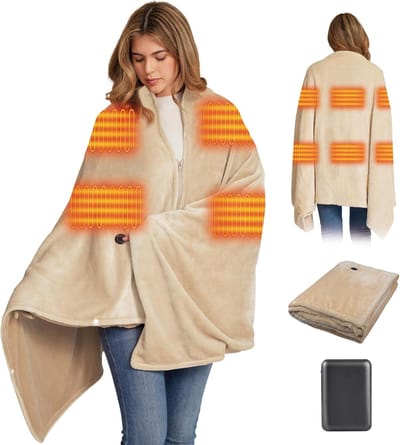 Elektrische deken - Verwarmingsdeken draadloos - Comfort op reis - 6 Warmtezones - 180 x 90 cm - Kaki