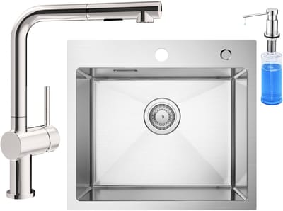 CECIPA max Spoelbak Keuken 50 x 45 CM - Spoelbak Met Kraangat - Enkele Spoelbak Met L-uitloop Keukenkraan en Zeepdispenser 300ML - Spoelbakken met afdruip - Wasbak met waterafvoersysteem - RVS