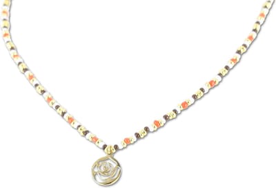CO88 Collection 8CN-26310 Stalen Ketting met Kralen - Dames - Goudkleurig - 3 mm - Bruin Oranje Mix - 2,5 mm - Roos - 12 mm - Lengte 40 + 5 cm - Multi