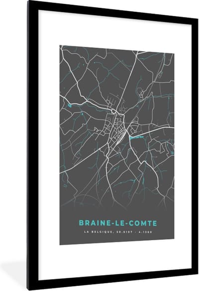 Fotolijst incl. Poster - België – Braine le Comte – Stadskaart – Kaart – Blauw – Plattegrond - 60x90 cm - Posterlijst