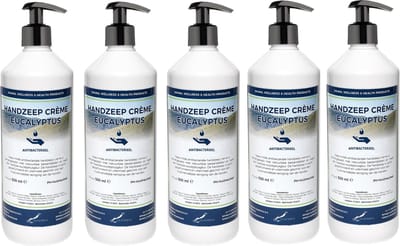 Handzeep Crème Eucalyptus 500 ml - met gratis pompje - set van 5 stuks - Voordeelverpakking